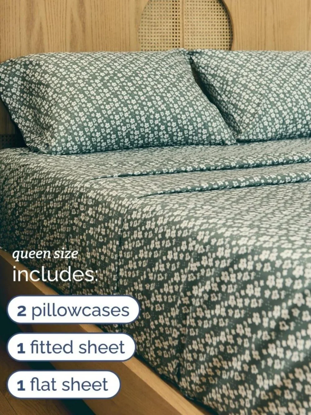 Floral Queen 4-Piece Sheet Set - Soft, Breathable, Cooling Bedding - Green